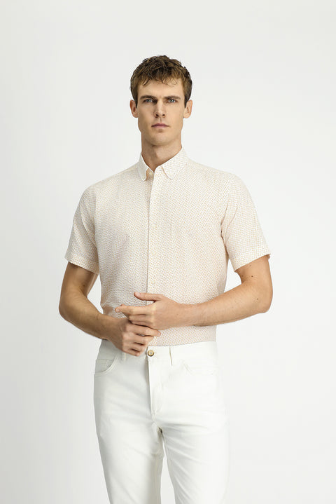 Dark Yellow Short Sleeve Regular Fit Cotton Shirt with Pockets and Button-Down Collar