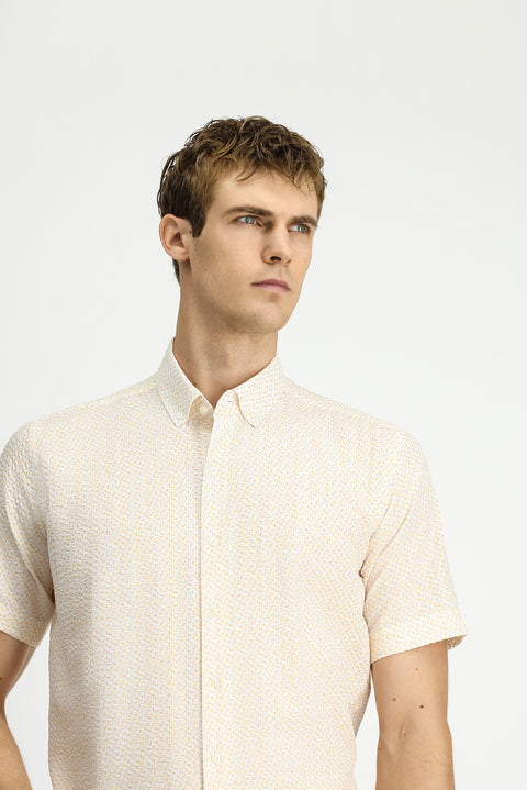 Dark Yellow Short Sleeve Regular Fit Cotton Shirt with Pockets and Button-Down Collar