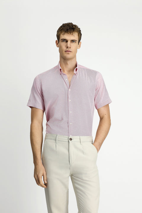 Coral Red Short Sleeve Regular Fit Pocketed Button-Down Collar Patterned Cotton Shirt