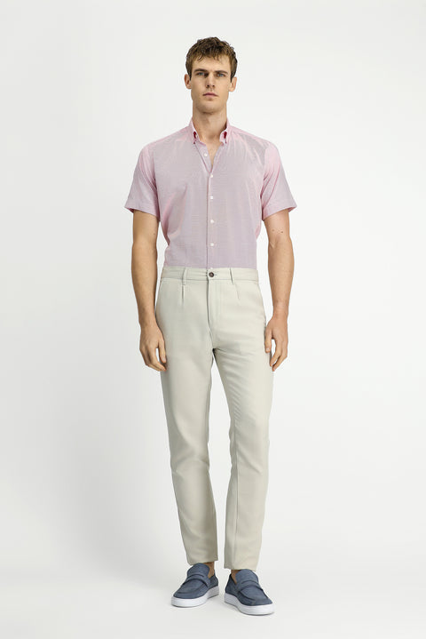 Coral Red Short Sleeve Regular Fit Pocketed Button-Down Collar Patterned Cotton Shirt