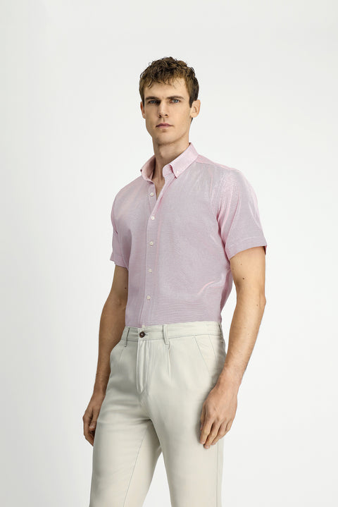 Coral Red Short Sleeve Regular Fit Pocketed Button-Down Collar Patterned Cotton Shirt