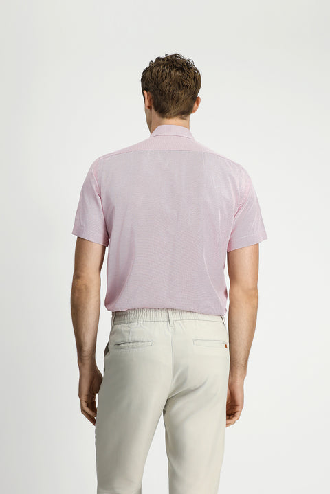 Coral Red Short Sleeve Regular Fit Pocketed Button-Down Collar Patterned Cotton Shirt