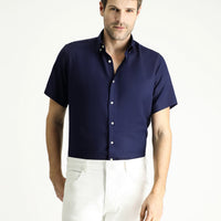Dark Navy Short Sleeve Regular Fit Patterned Cotton Easy-Iron Shirt