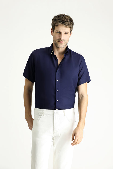 Dark Navy Short Sleeve Regular Fit Patterned Cotton Easy-Iron Shirt