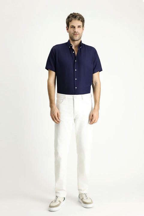 Dark Navy Short Sleeve Regular Fit Patterned Cotton Easy-Iron Shirt