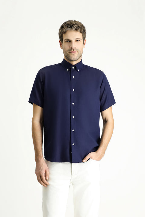 Dark Navy Short Sleeve Regular Fit Patterned Cotton Easy-Iron Shirt