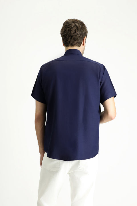Dark Navy Short Sleeve Regular Fit Patterned Cotton Easy-Iron Shirt