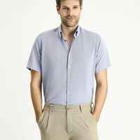 Blue Short-Sleeve Regular Fit Patterned Cotton Easy-Iron Shirt