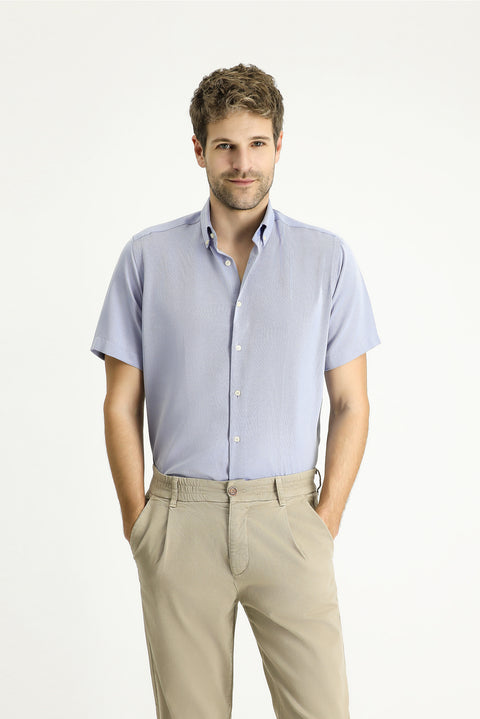 Blue Short-Sleeve Regular Fit Patterned Cotton Easy-Iron Shirt