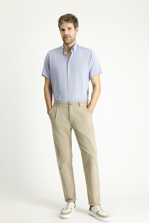Blue Short-Sleeve Regular Fit Patterned Cotton Easy-Iron Shirt