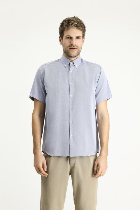 Blue Short-Sleeve Regular Fit Patterned Cotton Easy-Iron Shirt
