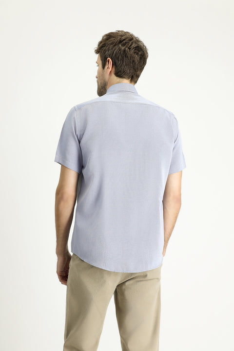 Blue Short-Sleeve Regular Fit Patterned Cotton Easy-Iron Shirt