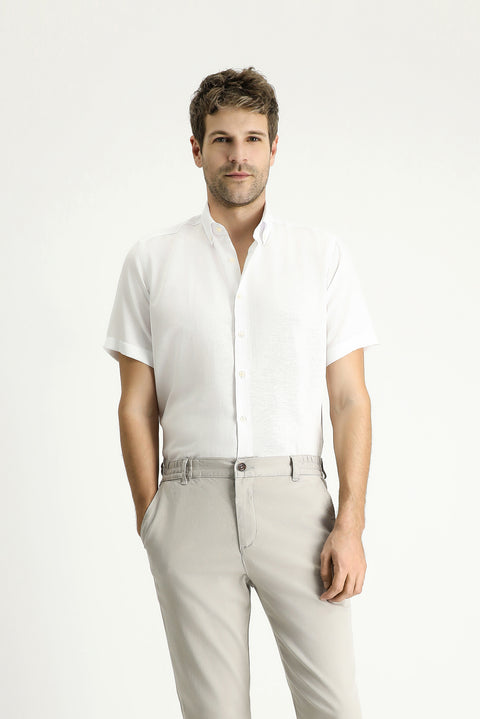 White Short Sleeve Regular Fit Patterned Cotton Shirt