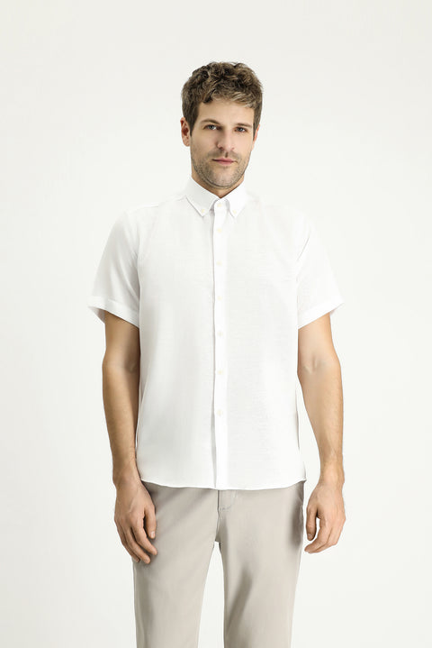 White Short Sleeve Regular Fit Patterned Cotton Shirt