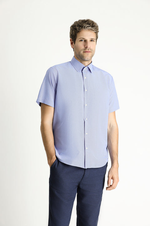 Medium Navy Short Sleeve Regular Fit Patterned Cotton Easy-Iron Shirt