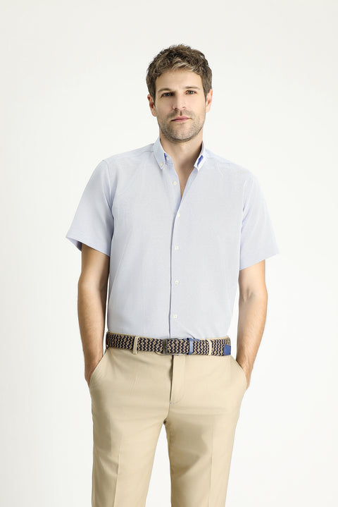 Light Blue Short Sleeve Regular Fit Patterned Cotton Easy-Iron Button-Down Collar Shirt