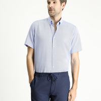 Blue Short Sleeve Regular Fit Patterned Cotton Easy-Iron Button-Down Collar Shirt