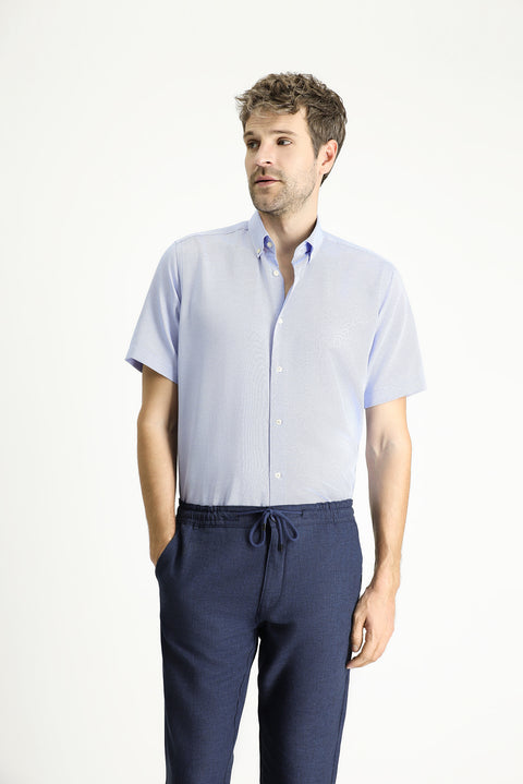 Blue Short Sleeve Regular Fit Patterned Cotton Easy-Iron Button-Down Collar Shirt