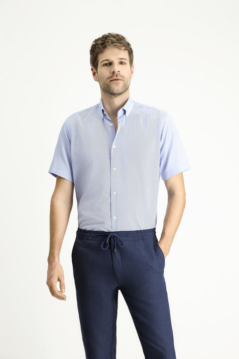 Blue Short Sleeve Regular Fit Patterned Cotton Easy-Iron Button-Down Collar Shirt