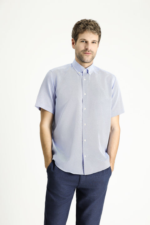 Blue Short Sleeve Regular Fit Patterned Cotton Easy-Iron Button-Down Collar Shirt