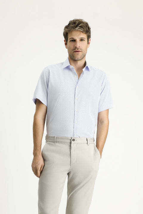 Light Blue Short Sleeve Regular Fit Patterned Cotton Easy-Iron Shirt