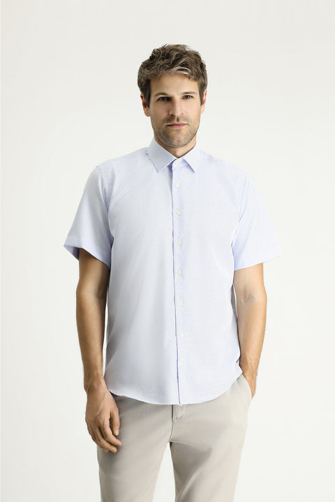Light Blue Short Sleeve Regular Fit Patterned Cotton Easy-Iron Shirt
