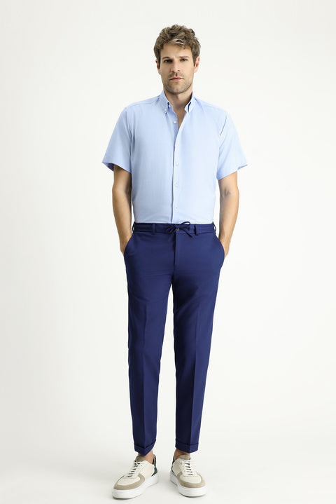 Light Blue Short Sleeve Regular Fit Patterned Cotton Easy-Iron Button-Down Collar Shirt