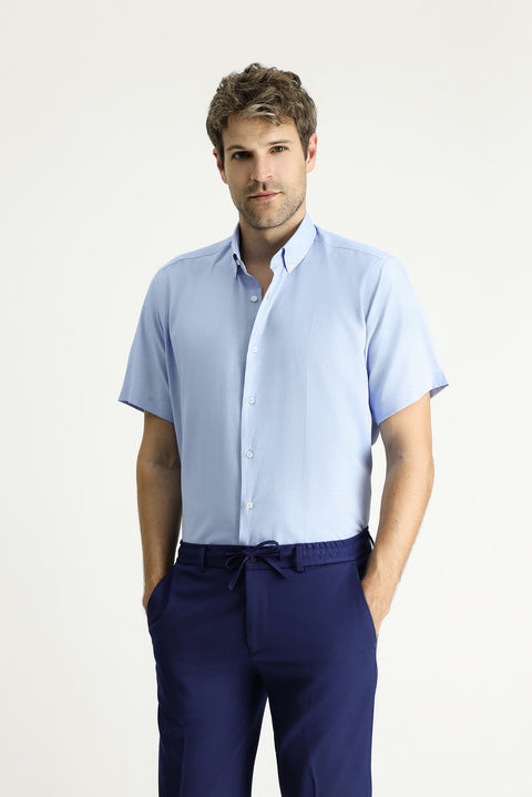Light Blue Short Sleeve Regular Fit Patterned Cotton Easy-Iron Button-Down Collar Shirt