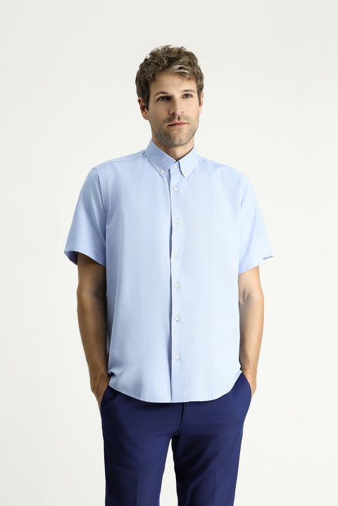 Light Blue Short Sleeve Regular Fit Patterned Cotton Easy-Iron Button-Down Collar Shirt