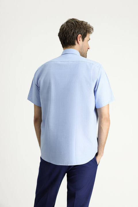 Light Blue Short Sleeve Regular Fit Patterned Cotton Easy-Iron Button-Down Collar Shirt