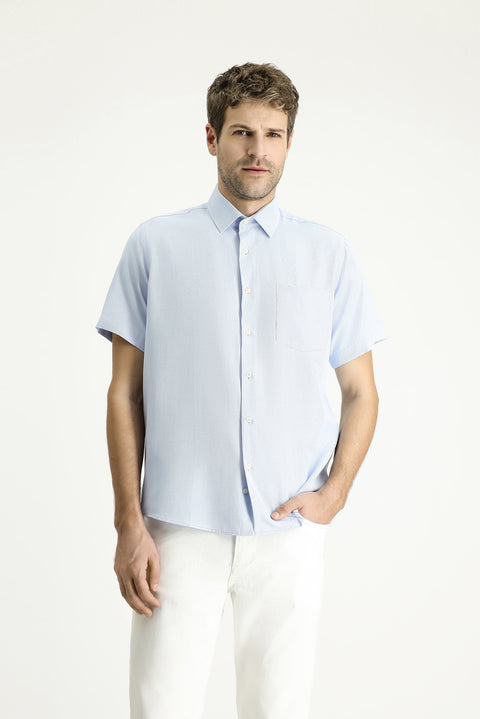 Light Blue Short Sleeve Regular Fit Patterned Cotton Easy-Iron Shirt