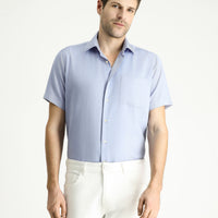 Dark Blue Short Sleeve Regular Fit Patterned Cotton Easy-Iron Shirt