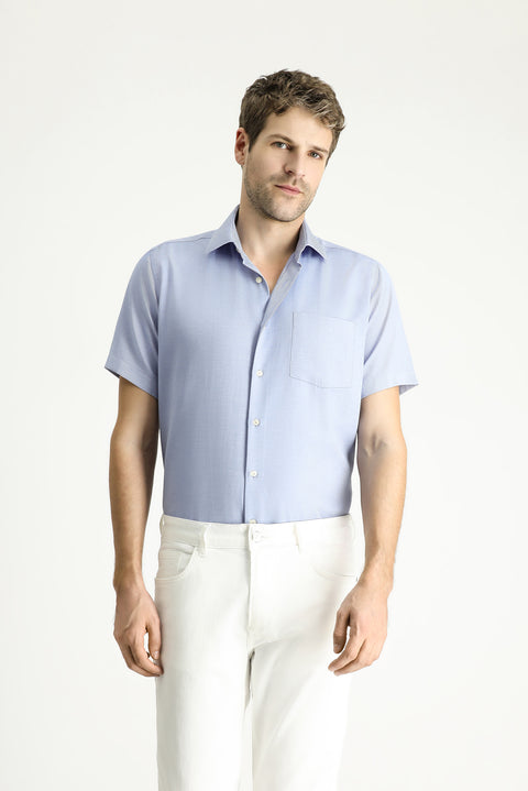 Dark Blue Short Sleeve Regular Fit Patterned Cotton Easy-Iron Shirt