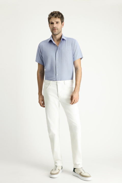 Dark Blue Short Sleeve Regular Fit Patterned Cotton Easy-Iron Shirt