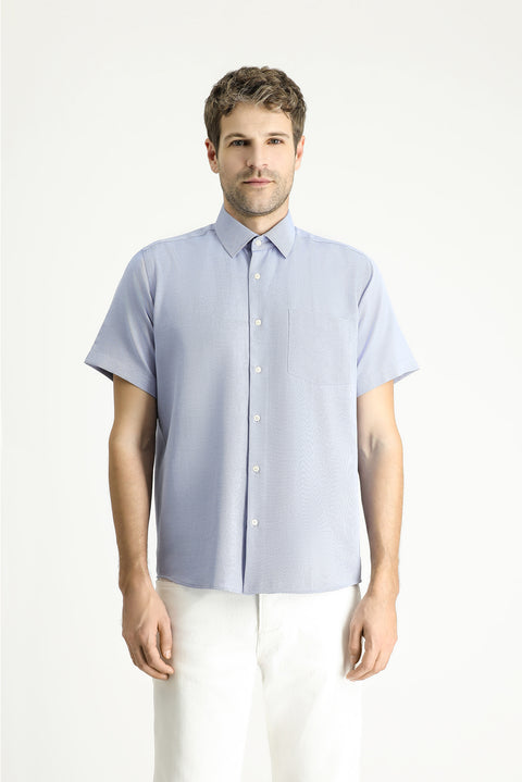 Dark Blue Short Sleeve Regular Fit Patterned Cotton Easy-Iron Shirt