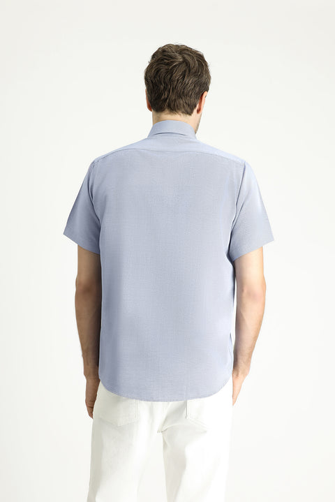 Dark Blue Short Sleeve Regular Fit Patterned Cotton Easy-Iron Shirt