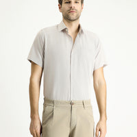 Light Beige Short Sleeve Regular Fit Patterned Cotton Easy-Iron Shirt