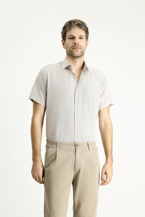 Light Beige Short Sleeve Regular Fit Patterned Cotton Easy-Iron Shirt