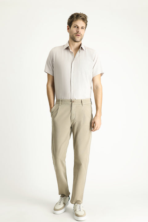 Light Beige Short Sleeve Regular Fit Patterned Cotton Easy-Iron Shirt