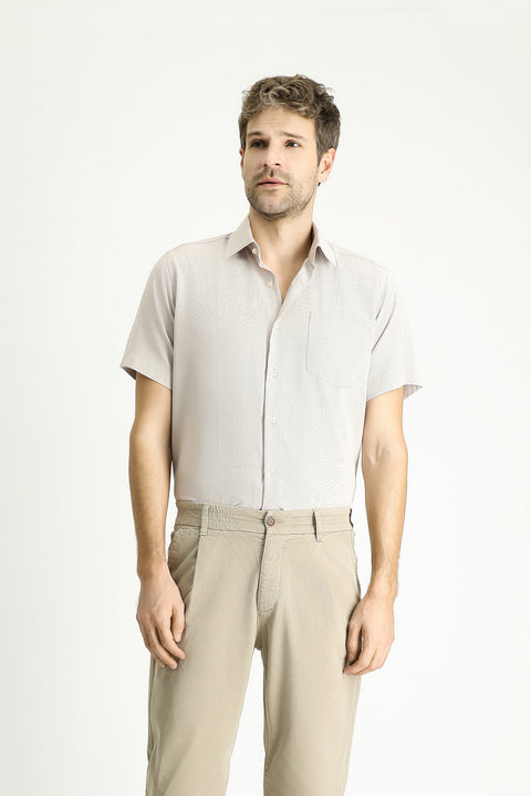 Light Beige Short Sleeve Regular Fit Patterned Cotton Easy-Iron Shirt