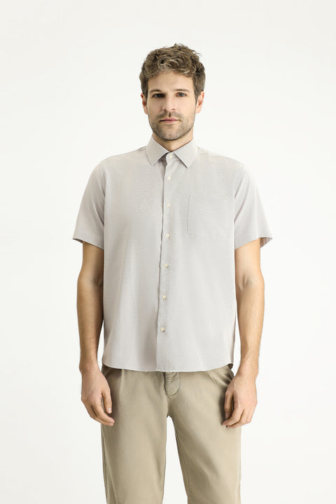 Light Beige Short Sleeve Regular Fit Patterned Cotton Easy-Iron Shirt