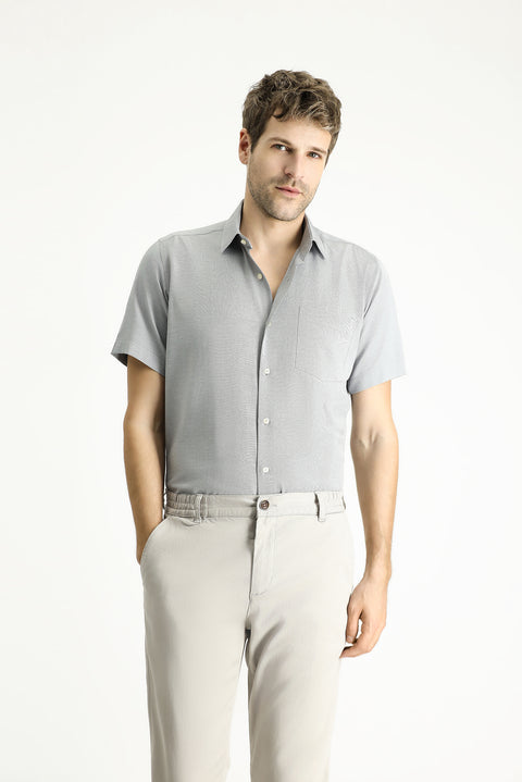 Medium Anthracite Short Sleeve Regular Fit Patterned Cotton Easy-Iron Shirt