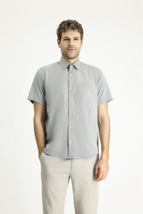 Medium Anthracite Short Sleeve Regular Fit Patterned Cotton Easy-Iron Shirt