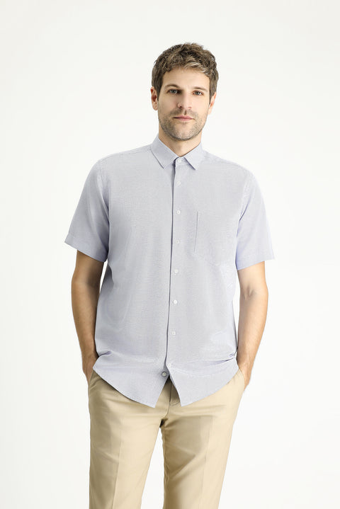 Light Navy Short Sleeve Regular Fit Patterned Cotton Easy-Iron Shirt
