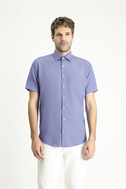 Medium Navy Short Sleeve Regular Fit Patterned Cotton Easy-Iron Shirt