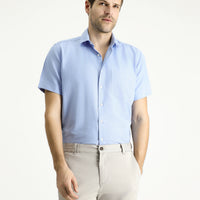 Blue Short-Sleeve Regular Fit Patterned Cotton Easy-Iron Shirt
