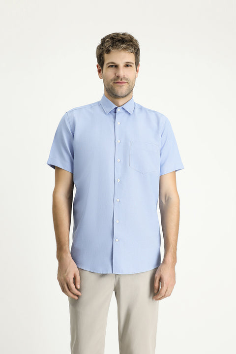 Blue Short-Sleeve Regular Fit Patterned Cotton Easy-Iron Shirt