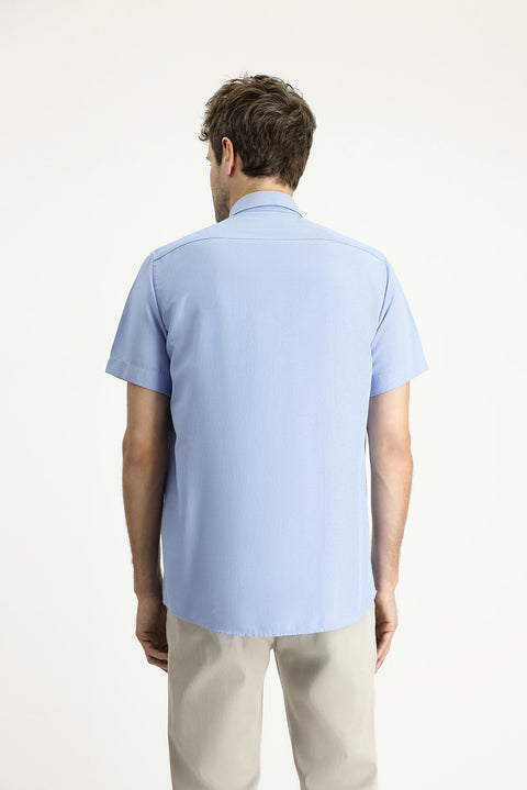Blue Short-Sleeve Regular Fit Patterned Cotton Easy-Iron Shirt