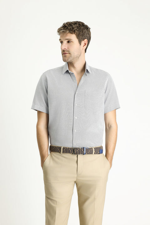 Light Anthracite Short Sleeve Regular Fit Patterned Cotton Easy-Iron Shirt