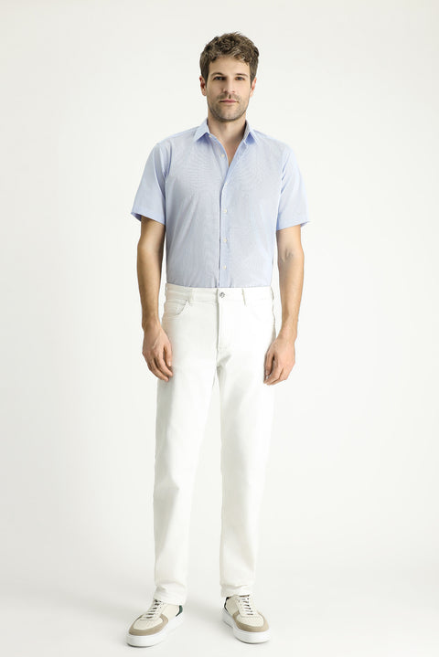 Light Blue Short Sleeve Regular Fit Patterned Cotton Easy-Iron Shirt